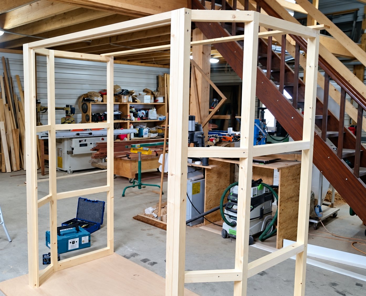 Une ossature en bois clair en cours de fabrication se dresse au milieu d'un atelier de menuiserie équipé de machines et d'un escalier en bois.