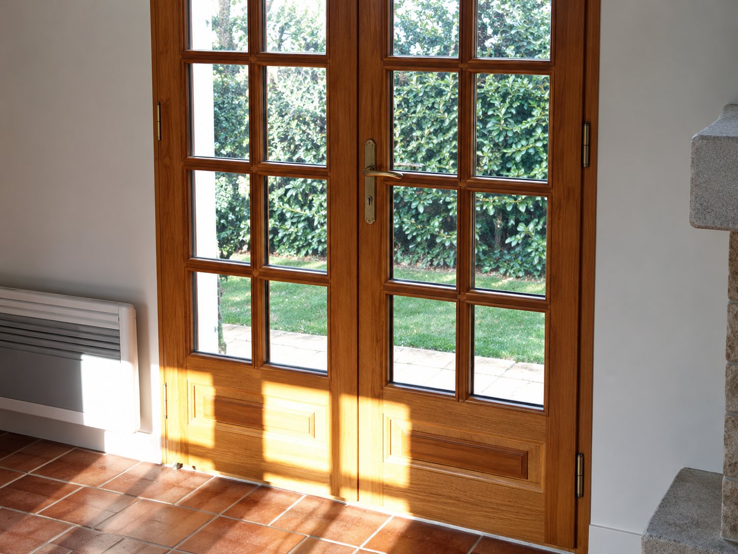 Une porte-fenêtre à double battant en bois clair et à petits carreaux, vue de l'intérieur d'une pièce, avec un jardin visible à travers les vitres.