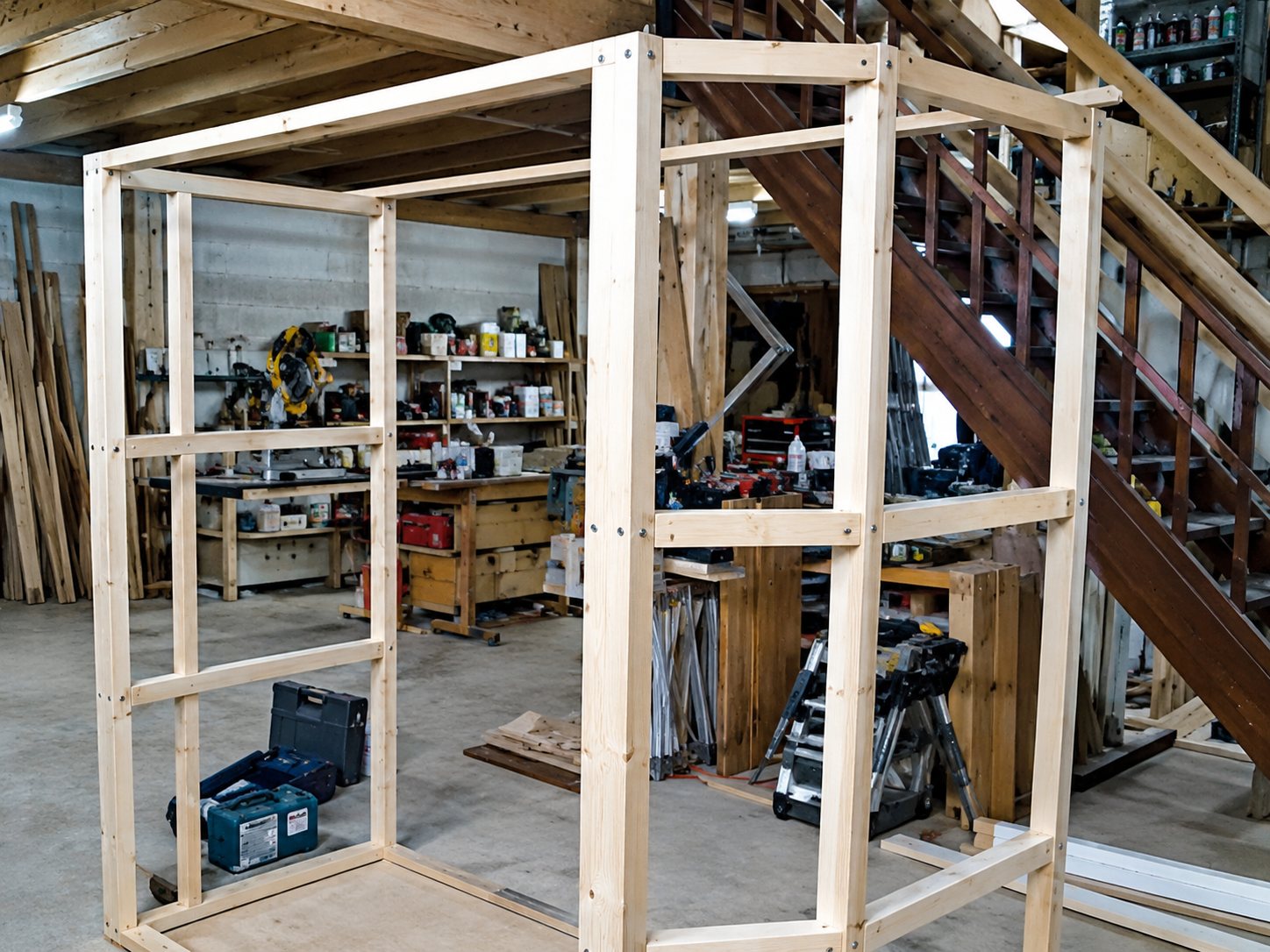 Ossature en bois d'une construction en chantier, avec un escalier et des éléments encombrant l'intérieur en arrière-plan.